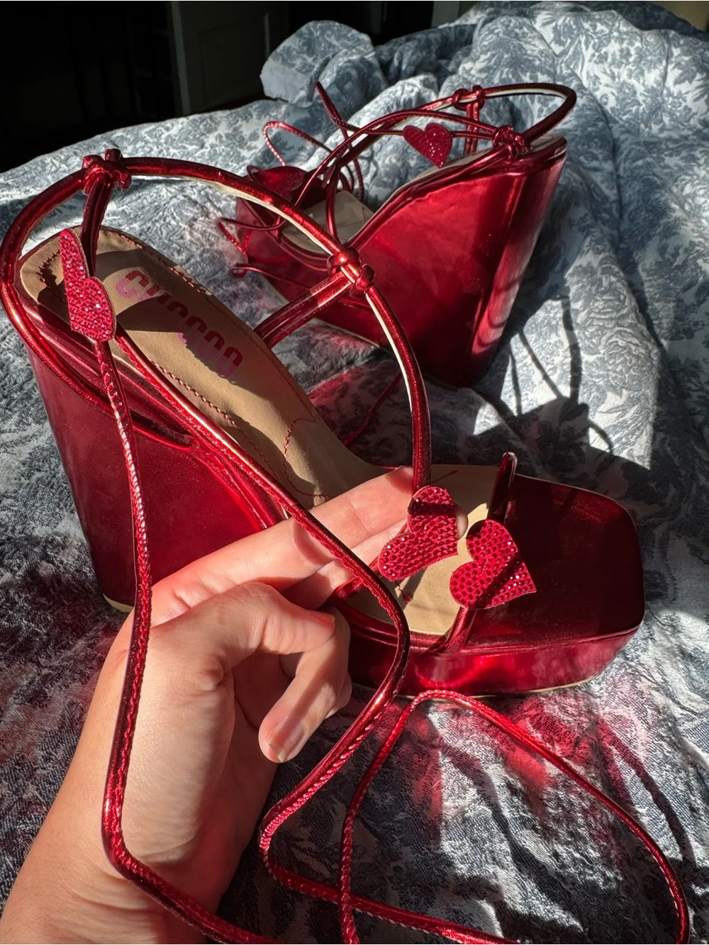 Red Lace-Up Heart Gladiator Platform Sandals